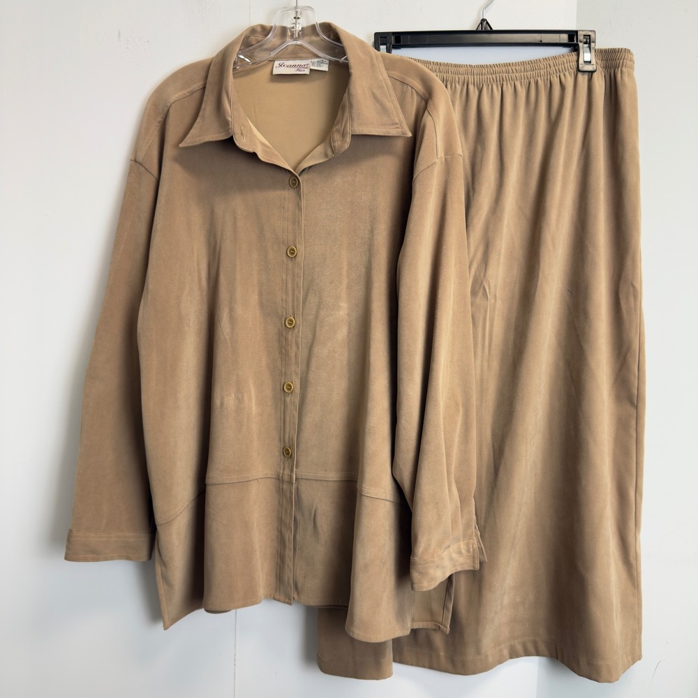 Joanna Plus Womens 22W Faux Suede Skirt Set Tan Button Down Shirt Midi Skirt 2pc